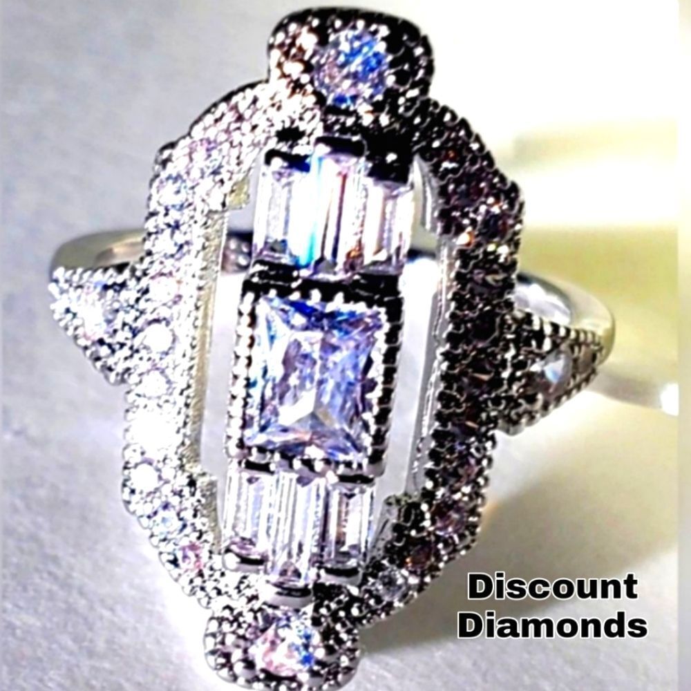 Clear White Zircon & Clear White Zircon Cocktail Ring 14K on White Gold over 925